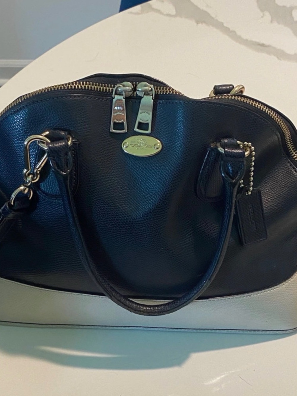 Coach Two-Tone Pebble Leather Satchel - Black and Cream